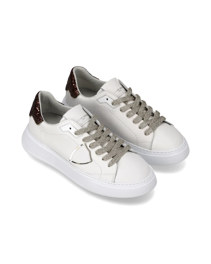 Sneakers Temple Women with Glitter Heel Tab, White Brown