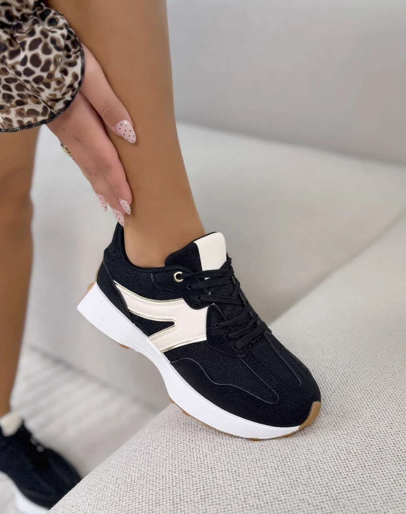 Baskets femme noires tendance à bandes blanches dorées et plateforme épaisse