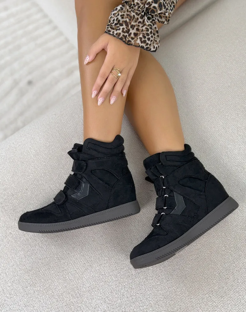 Baskets femme noires tendance en suédine à talon compensé et 3 scratchs