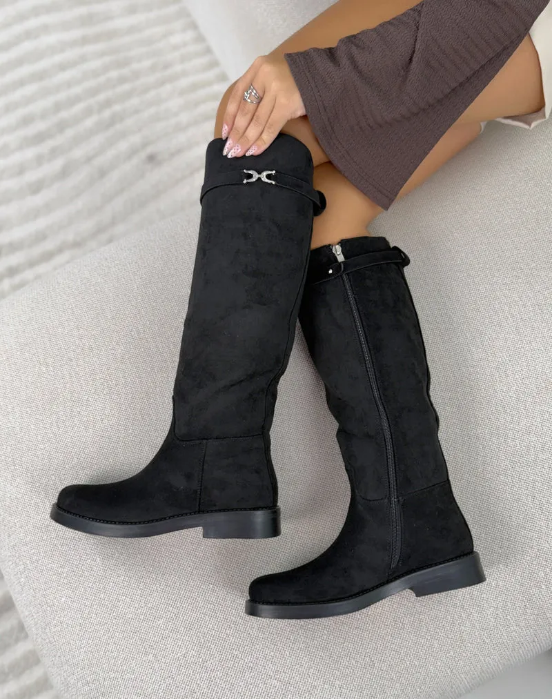 Bottes cavalières femme noires élégantes en suédine avec sangle argentée