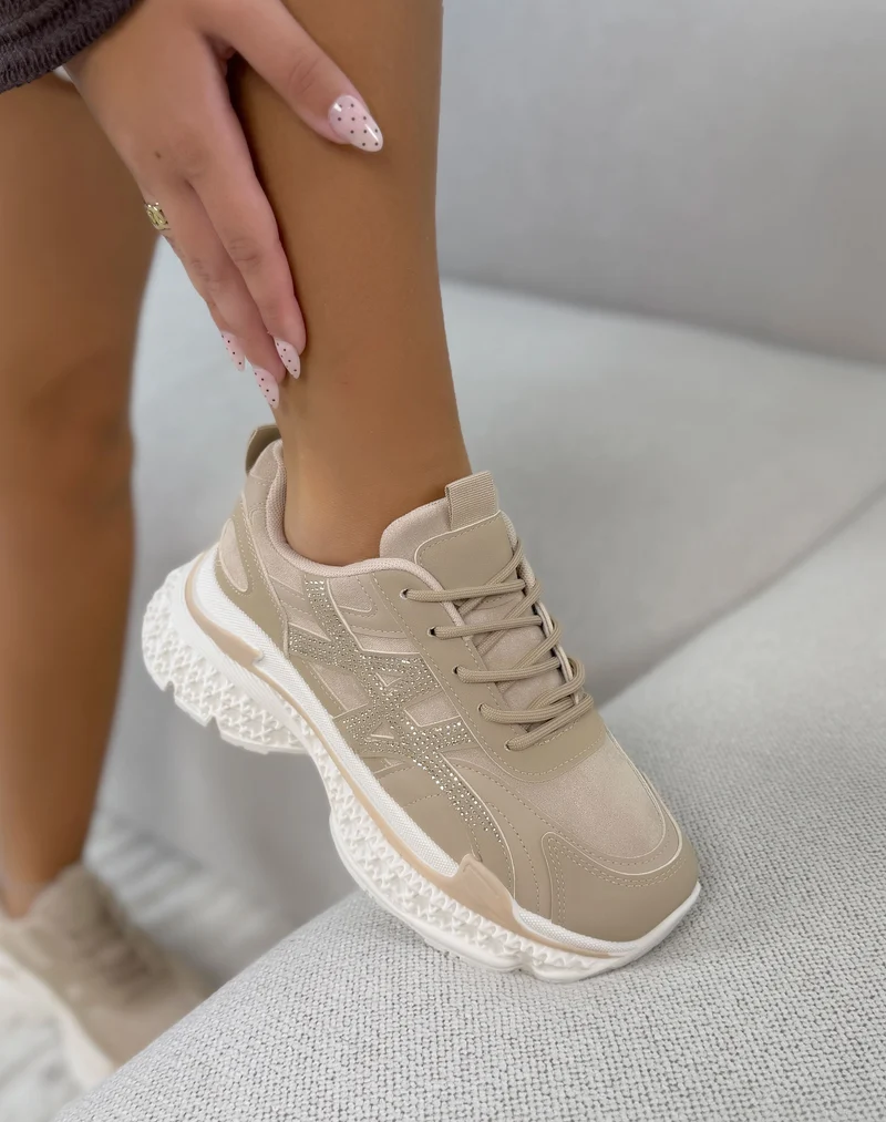 Baskets femme beige tendance à strass taupe et semelle plateforme