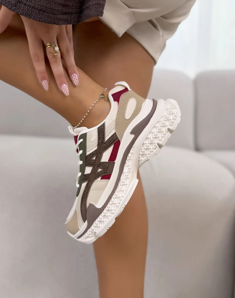 Baskets femme beige tendance multicolores à strass et semelle épaisse
