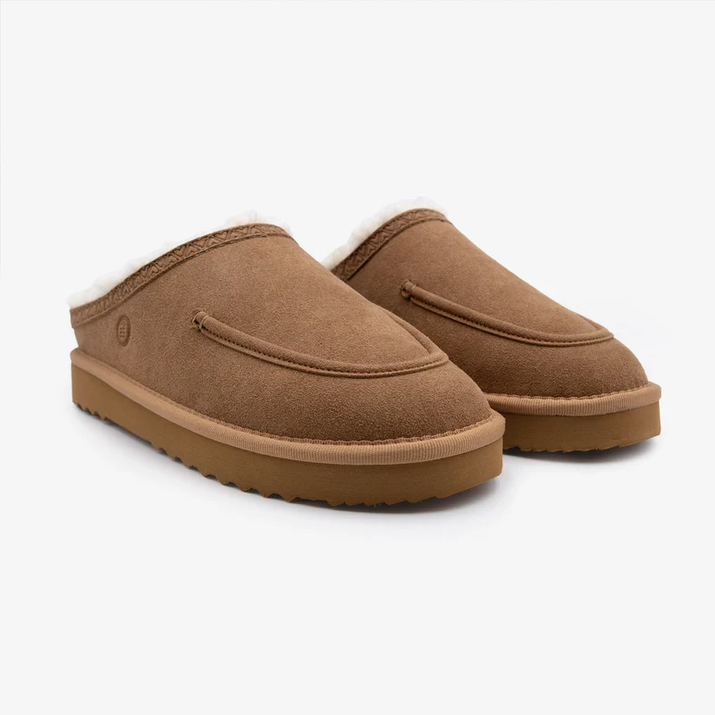 Chausson mule fourré en suédine camel Kansas