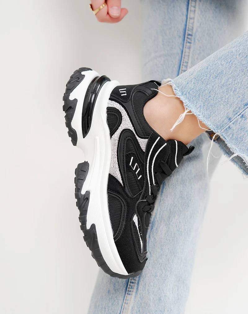 Baskets épaisses noires et blanches femme – Semelle crantée et plateforme