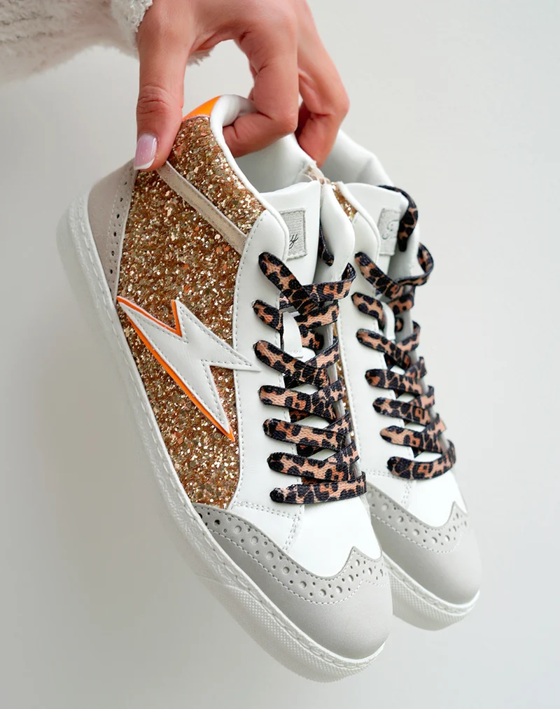 Baskets Montantes Femme Beige Glamour à Paillettes et Lacets Léopard
