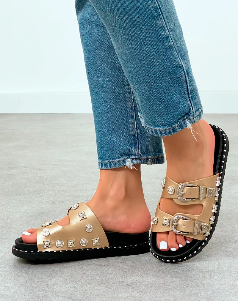 Mules Femme Dorées Métallisées à Sangles Bijoux Argentées et Plateforme Cloutée
