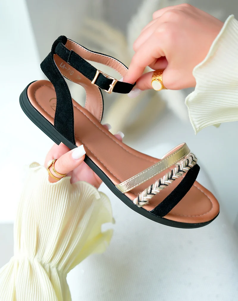 Sandales femme plates en suédine noires à détail corde et doré