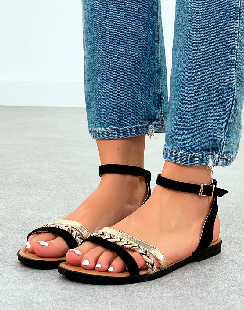 Sandales femme plates en suédine noires à détail corde et doré