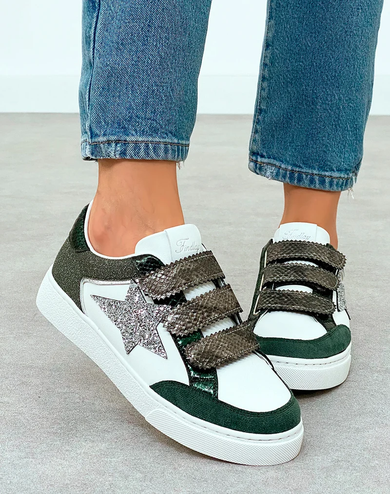 Baskets Femme Vertes Scratch Empiècements Pailletés Étoile Argentée