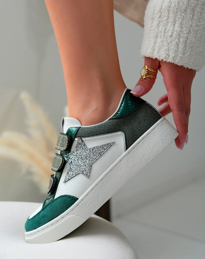 Baskets Femme Vertes Scratch Empiècements Pailletés Étoile Argentée