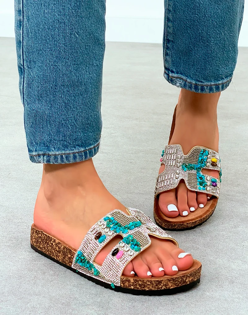 Sandales Mules Femme Argentées Esprit Festif à Strass Multicolores
