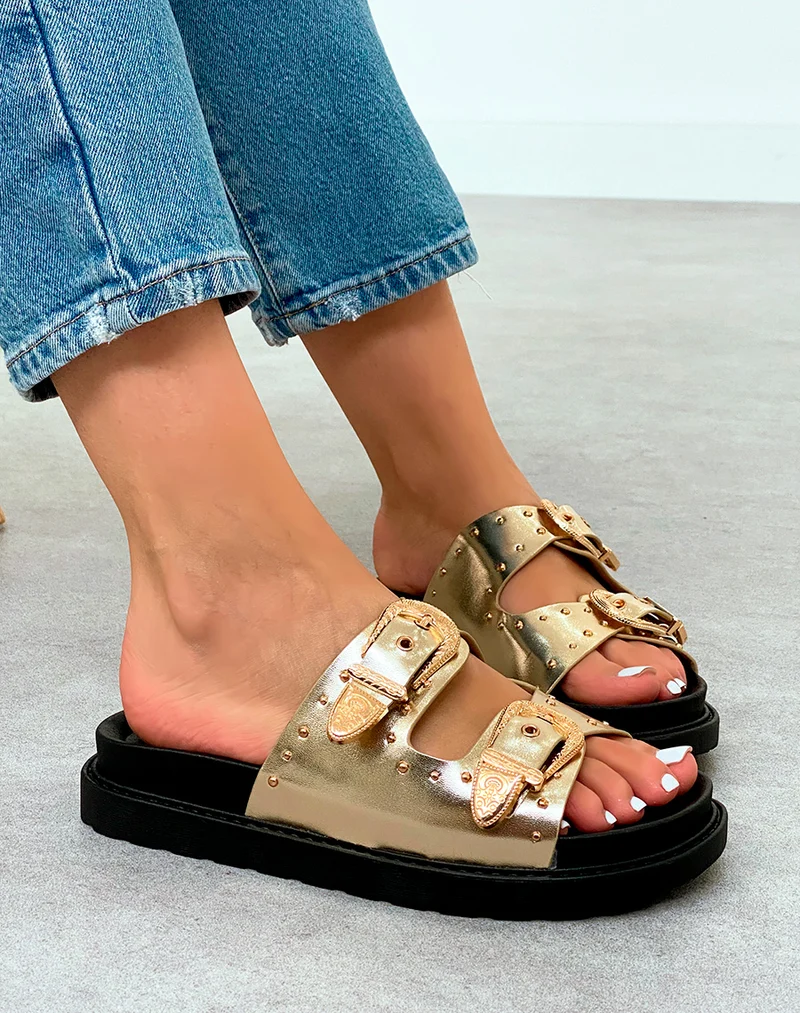 Sandales Plateforme Dorées Femme avec Clous et Sangles Boucle