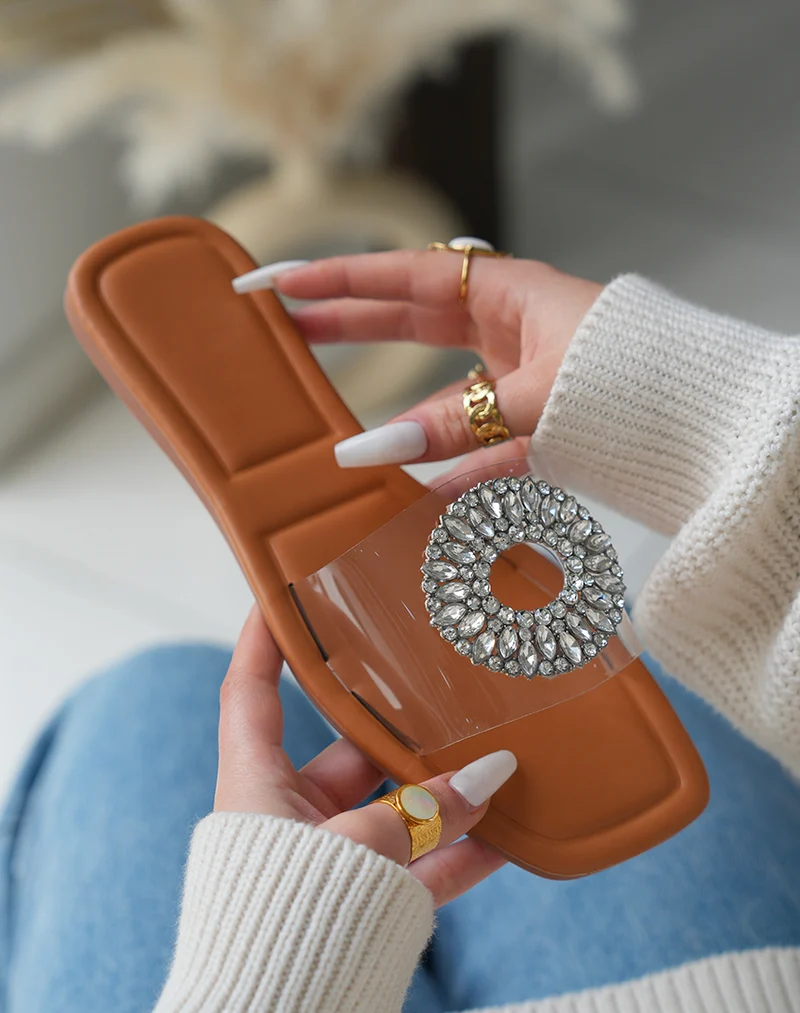 Mules Plates Transparentes avec Bijou Cristal pour Femme ? ?l?gance ?tincelante