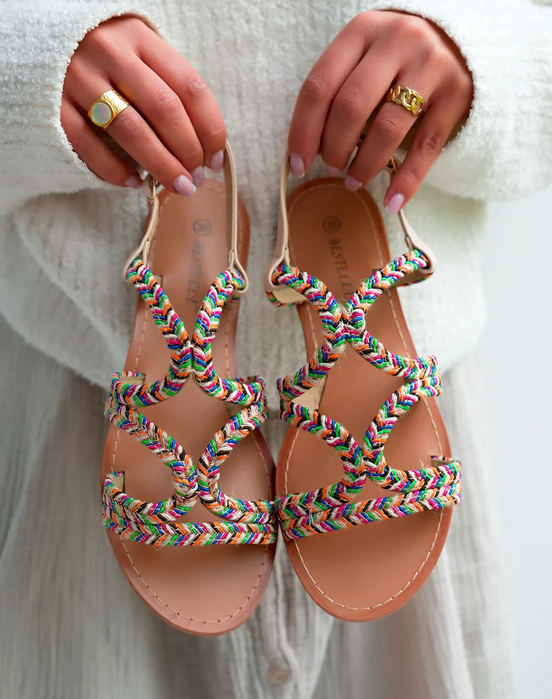 Sandales Femme beige à détail corde coloré
