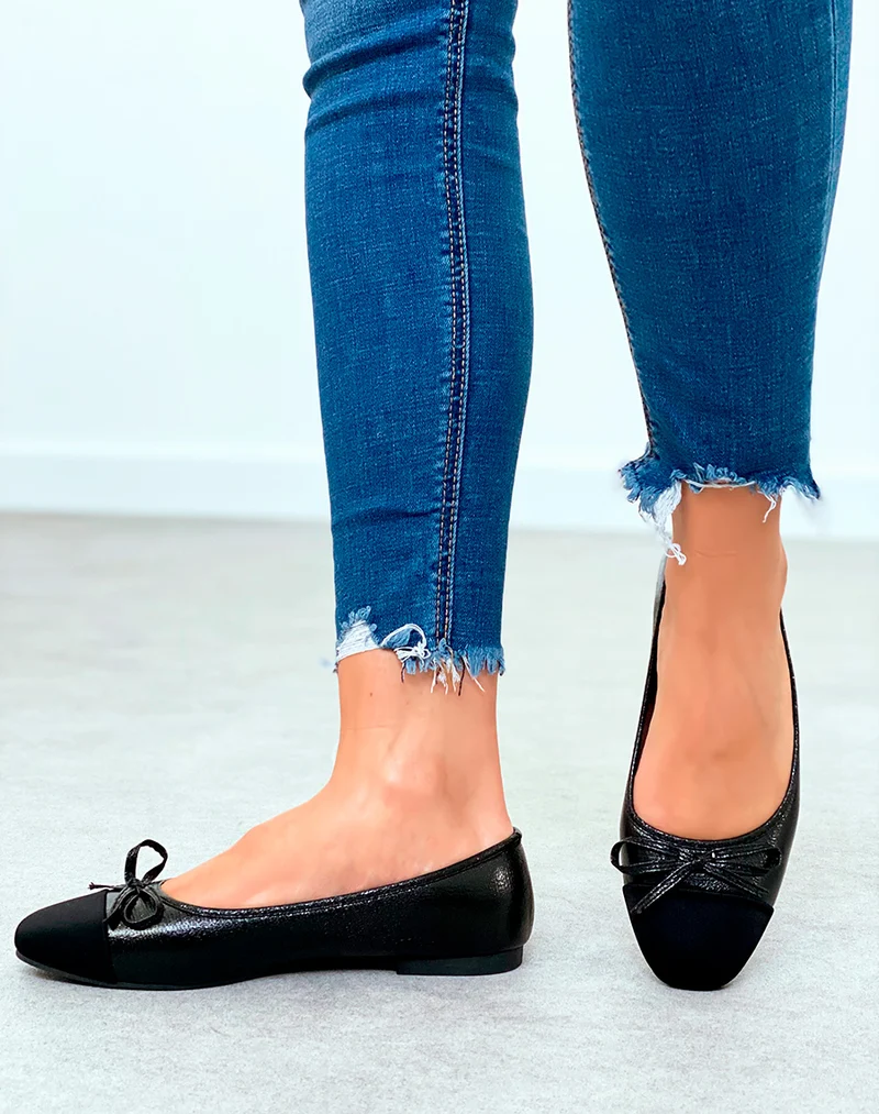 Ballerines noires grainées pour femmes à détail nœud