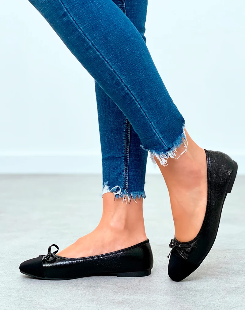 Ballerines noires grainées pour femmes à détail nœud