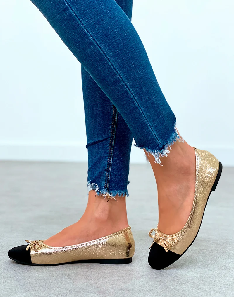 Ballerines dorées grainées pour femmes à détail nœud