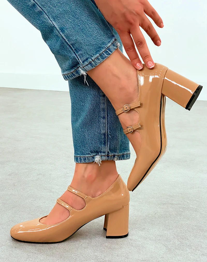 Babies Vernies Beige Foncé à Talon et Brides - Allure Chic et Raffinée