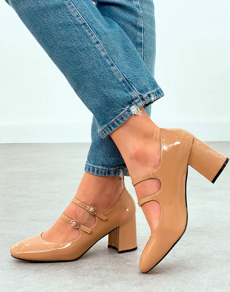 Babies Vernies Beige Foncé à Talon et Brides - Allure Chic et Raffinée