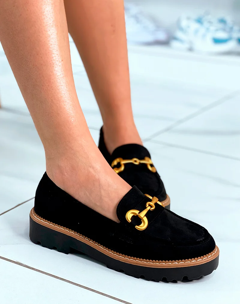 Mocassins en suédine noires avec détail doré mat