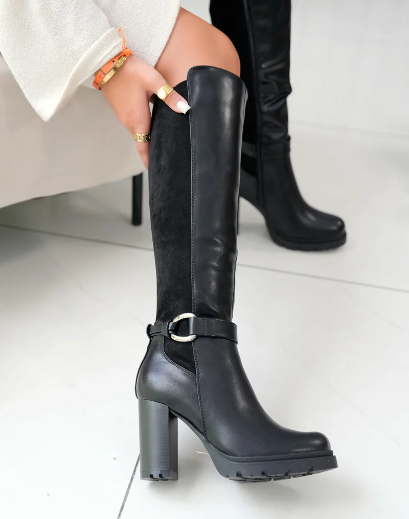 Bottes noires bi-matière à lanière à détail argenté à talon