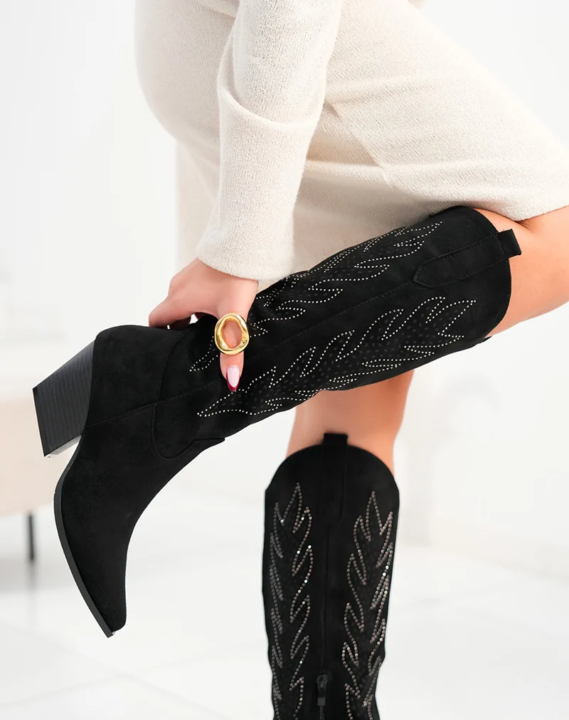 Bottes femme noires en suédine style santiags avec strass et talon épais audace et élégance