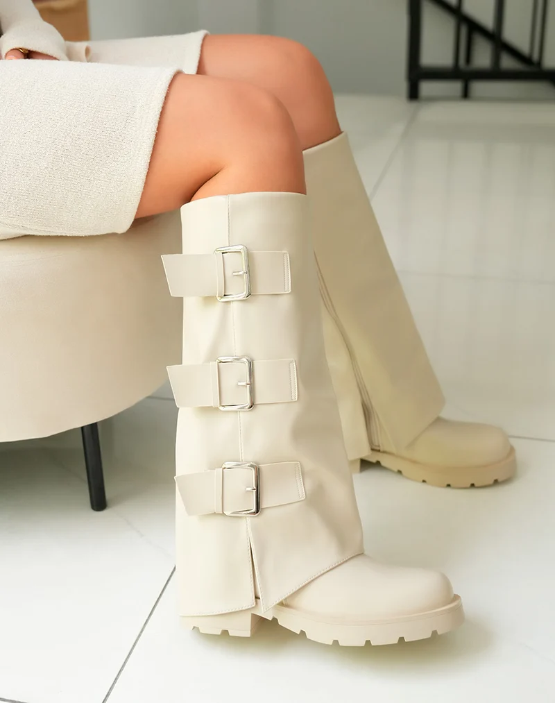 Bottes Femme Beiges Vernies à Semelle Crantée