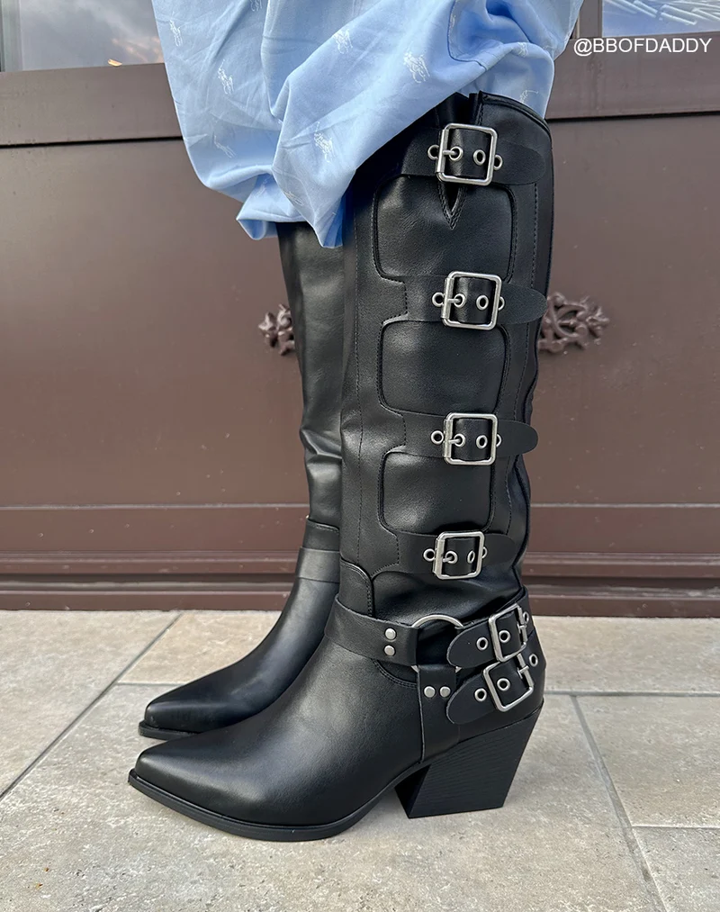 Bottes noires lisses à multiples lanières style cow-boy