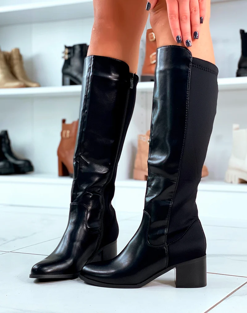 Bottes noires à petits talons bi-matière