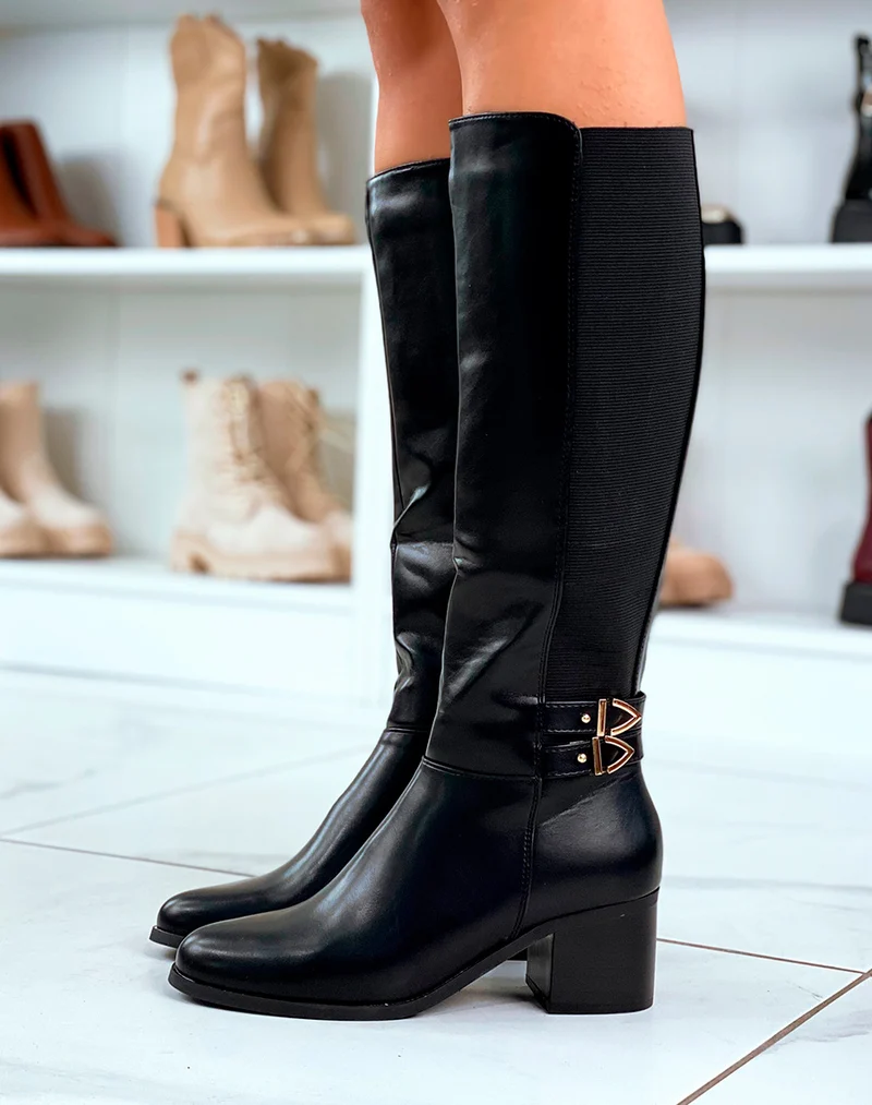 Bottes Noires Bi-Matière : Détails Dorés et Conception Élégante