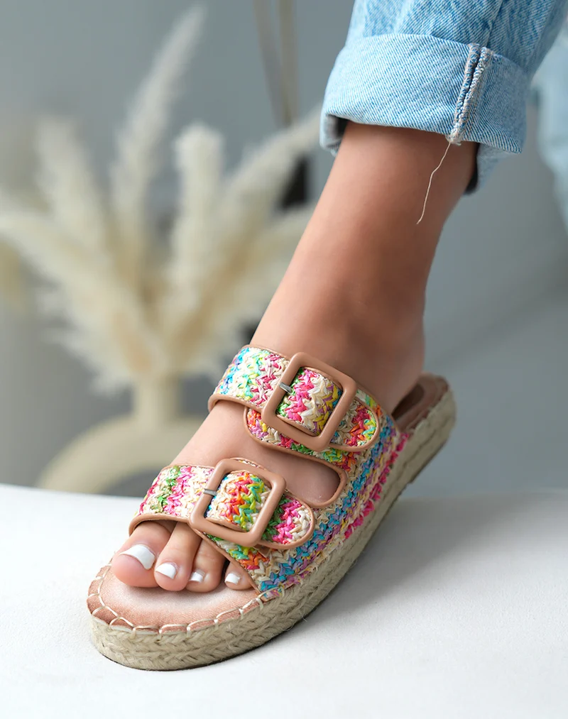 Mules à double bride femme multicolore effet tissé avec semelle épaisse en corde élégante