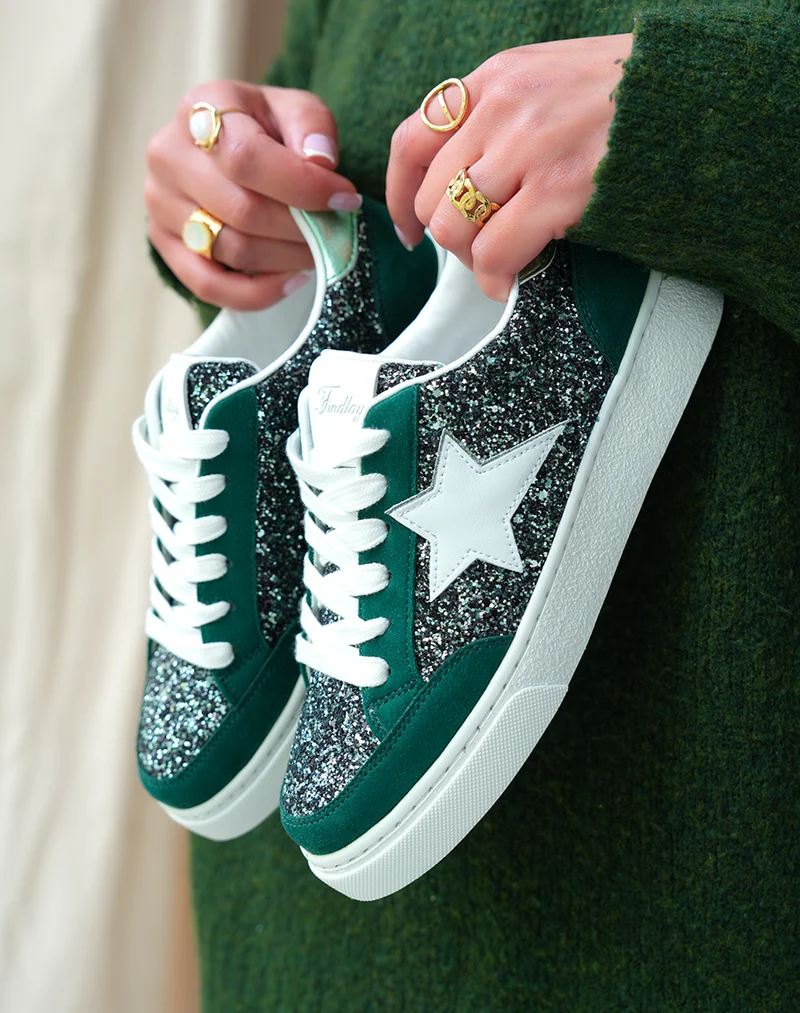 Baskets Femme Vert Foncé Tendance avec Détails Paillettes et Étoile