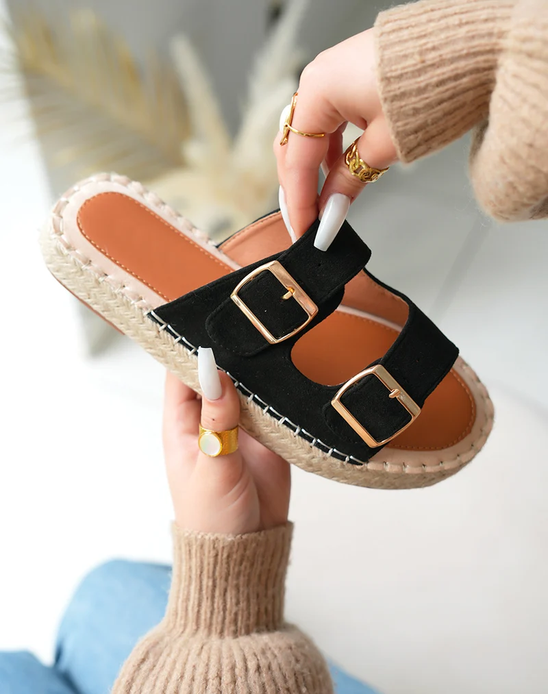 Mules Femme Noires en Suédine avec Semelle en Corde – L'Essentiel Chic et Confortable