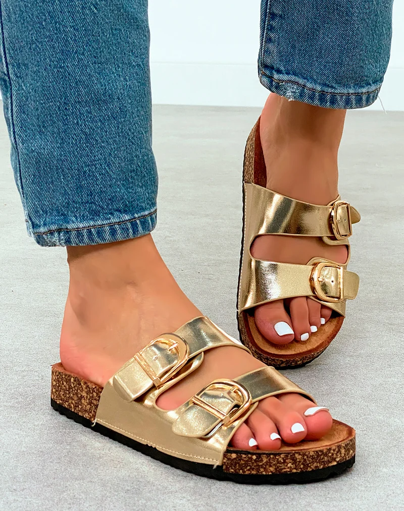 Mules Dorées avec Double Sangle et Boucles Dorées – La Touche Chic