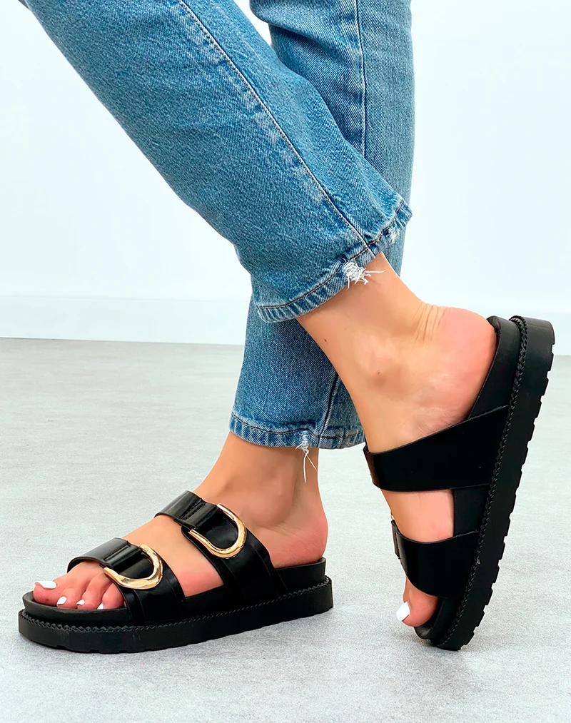 Mules Noires Classiques avec Double Sangle et Boucles Dorées – Un Essentiel Revisité
