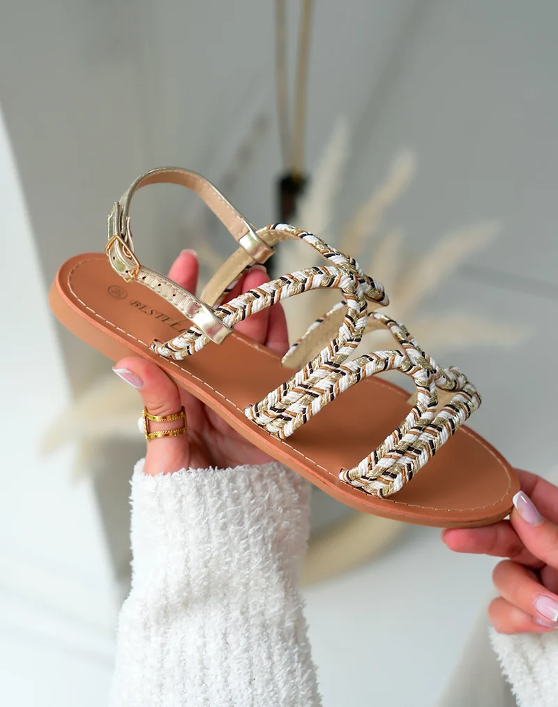 Sandales Femme dorée à détail corde beige et blanc