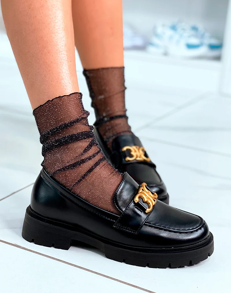 Mocassins noirs à plateforme et à détail doré