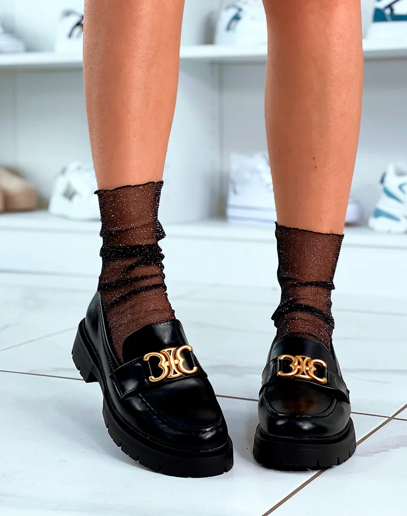Mocassins noirs à plateforme et à détail doré