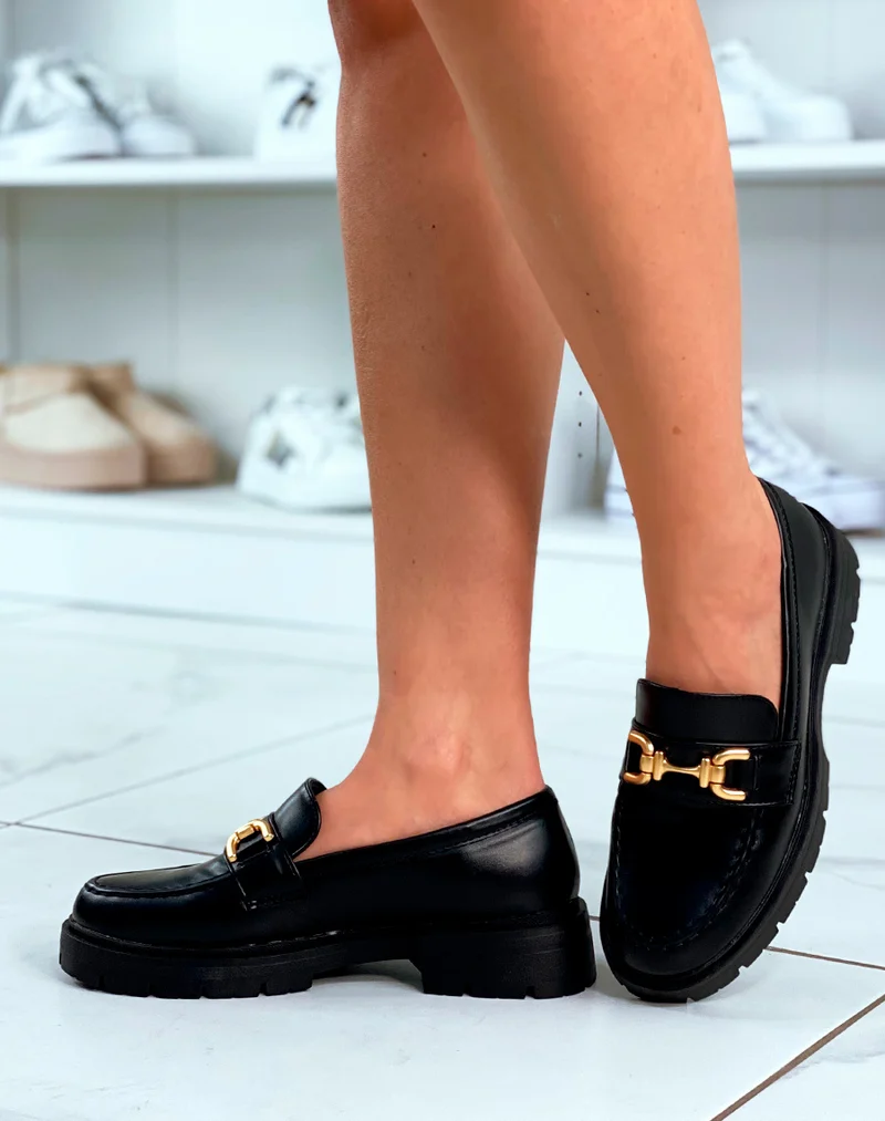 Mocassins noirs à plateforme et à détail doré pour femme