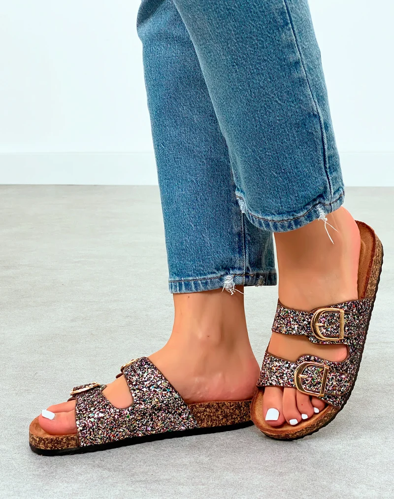 Mules Femme Noires Paillettes Multicolores et Semelle Liège Confort
