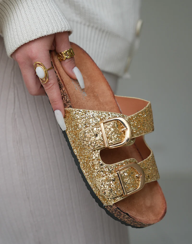Sandales Mules Femme Dorées Pailletées avec Semelle Confort