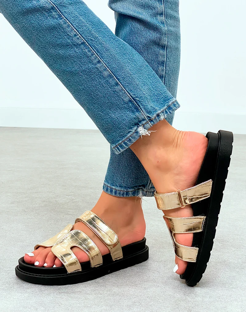 Mules Femme Dorées Effet Croco à Plateforme Tendance avec Lanière Scratch