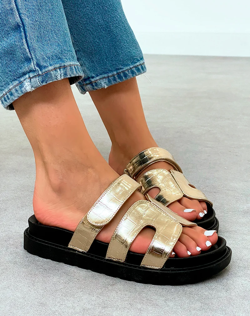 Mules Femme Dorées Effet Croco à Plateforme Tendance avec Lanière Scratch