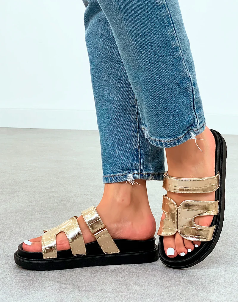 Mules Femme Dorées Effet Croco à Plateforme Tendance avec Lanière Scratch