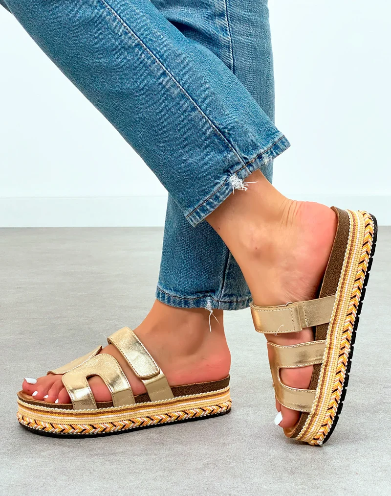 Mules Dorées à Bride avec Plateforme Aztèque – Esprit Bohème Chic