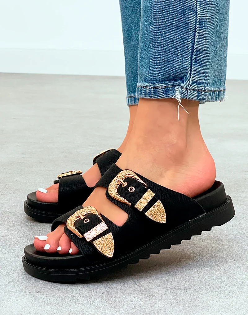 Mules Noires Élégantes avec Sangles et Boucles Dorées – Fusion de Confort et de Luxe