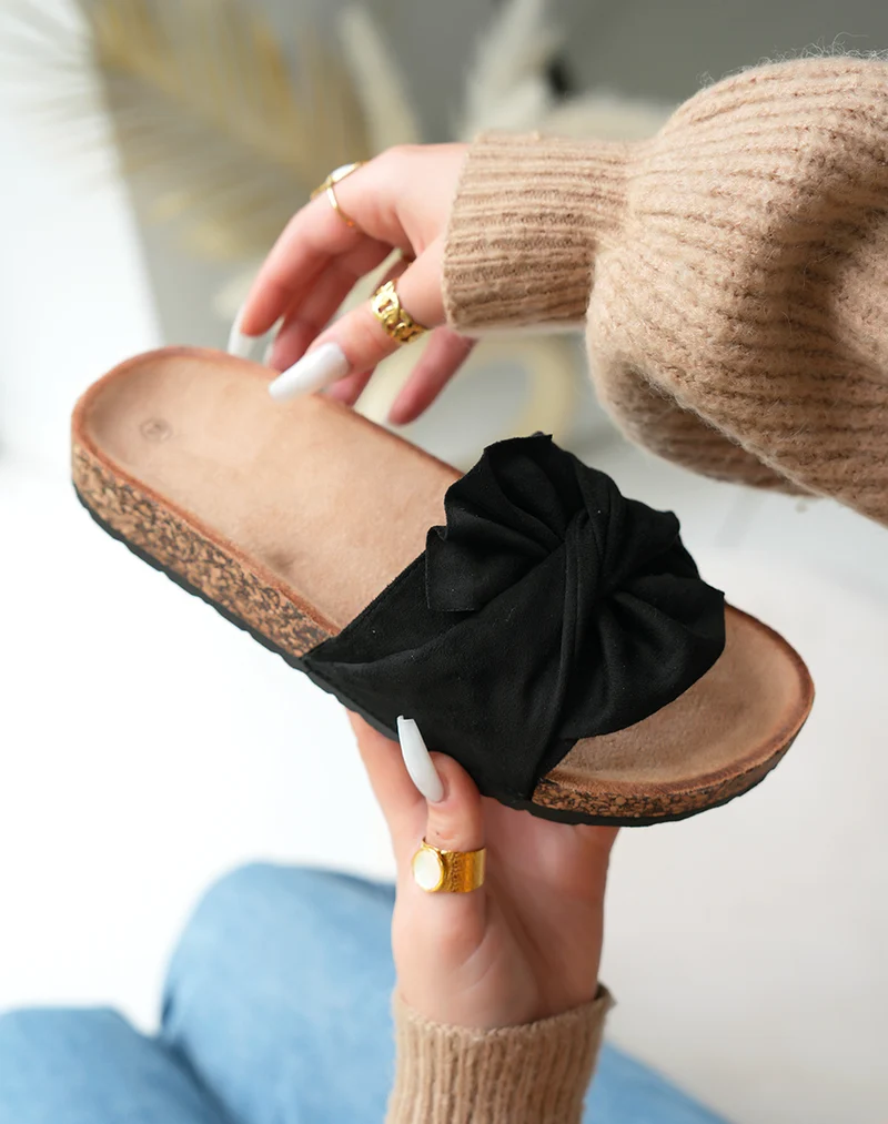 Mules en Suédine Noire avec Noeud Décoratif et Semelle Épaisse Marron pour Femme