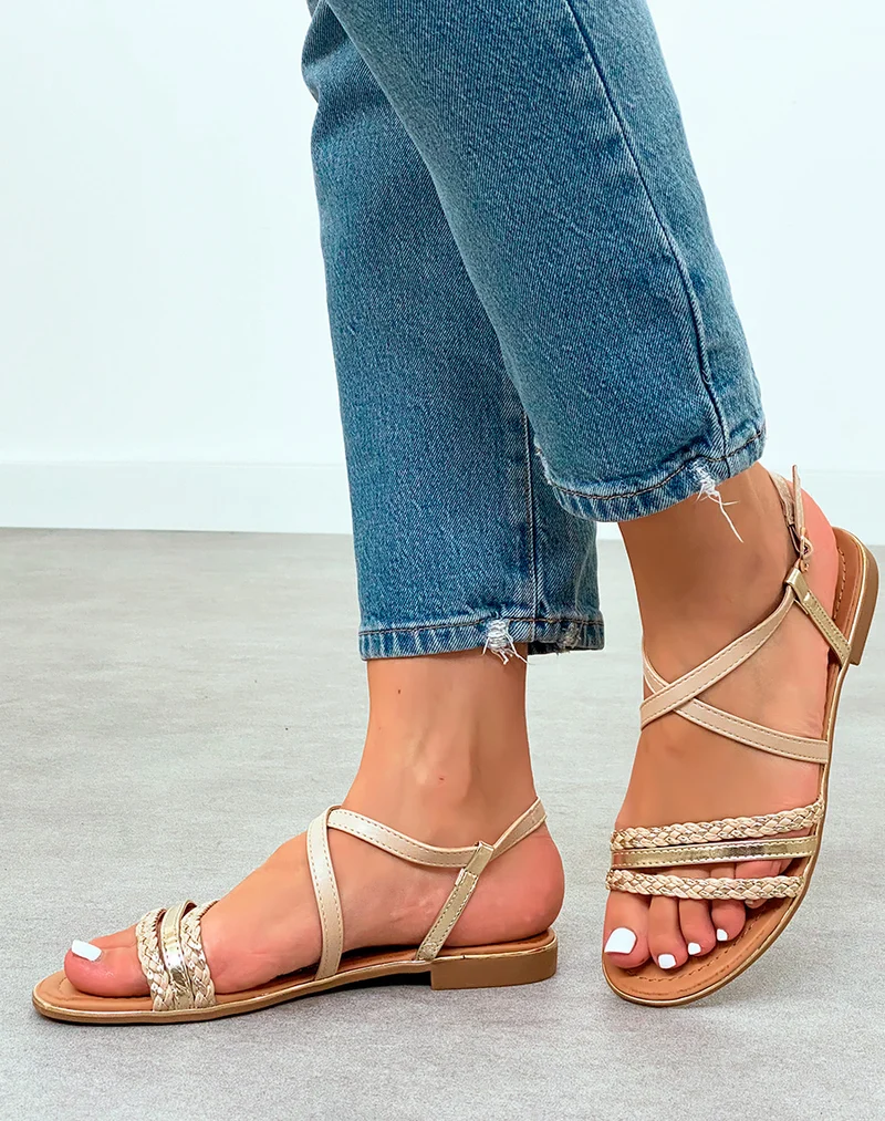 Sandales beige Femme à multiples brides à détail dorée et corde