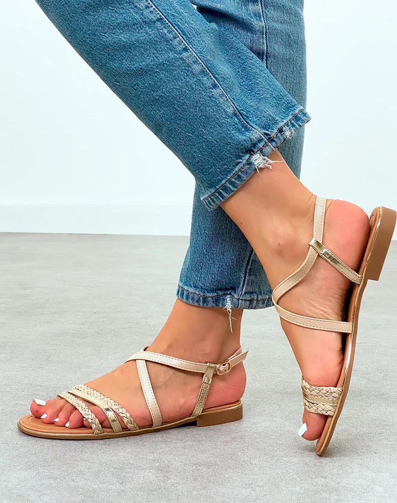 Sandales beige Femme à multiples brides à détail dorée et corde