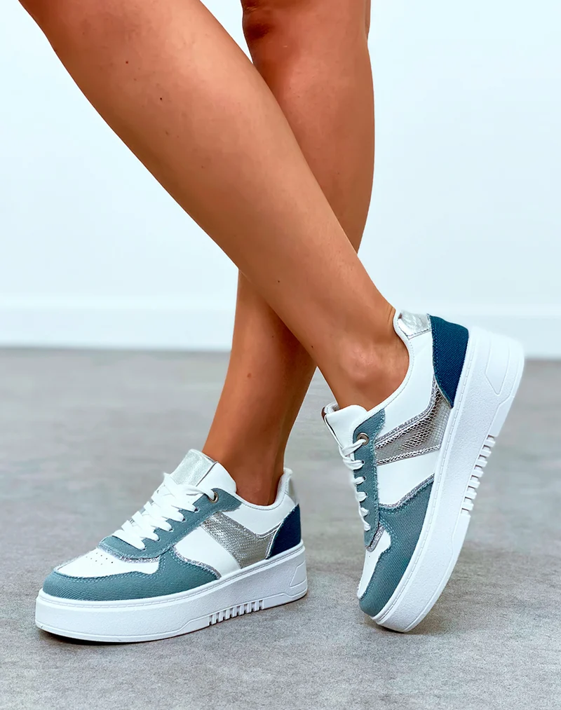 Baskets femme blanche à effet jean à empiècements et détail argenté